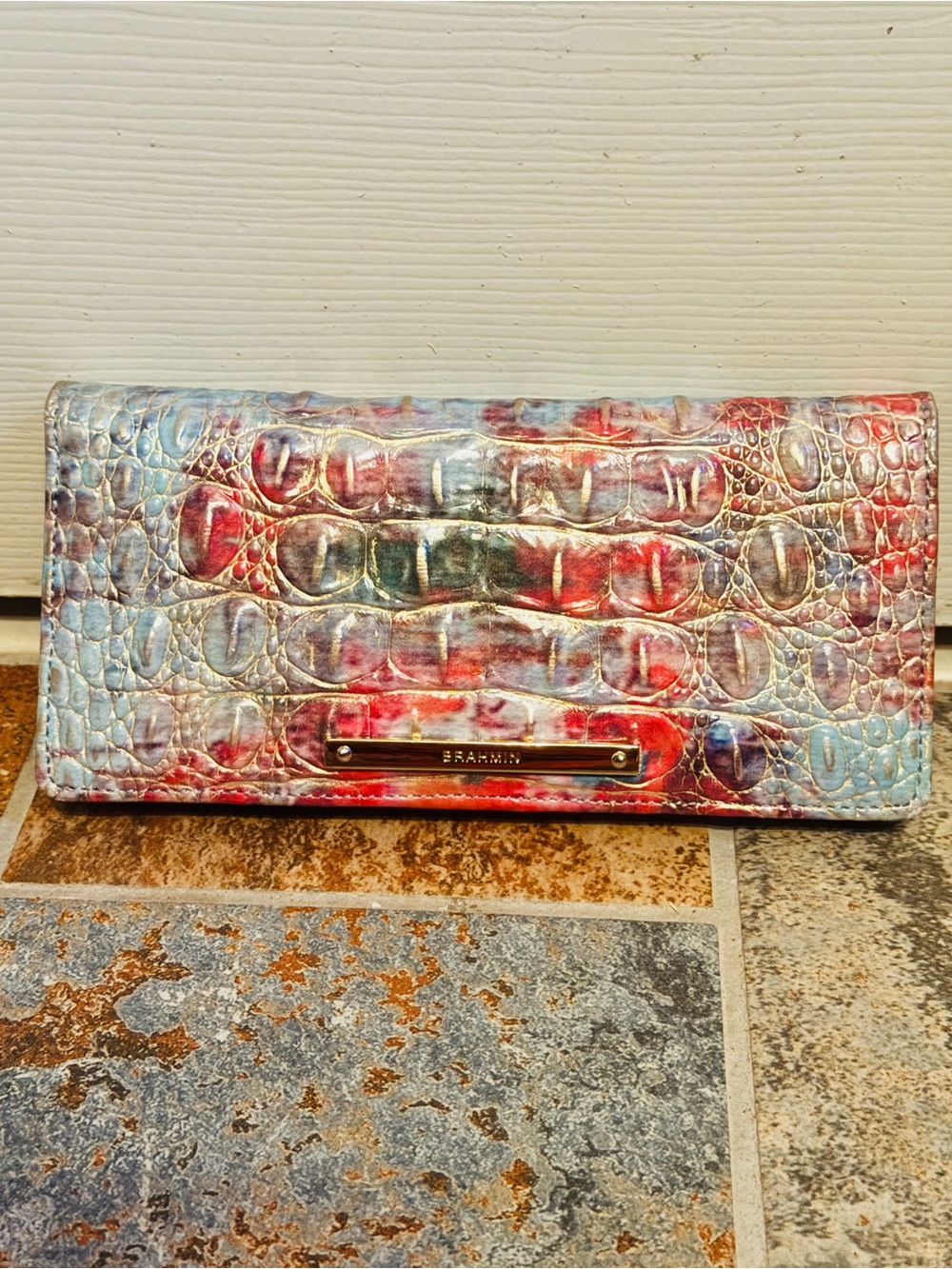 RARE Brahmin Ady Wallet Genuine Croc Embossed Leather! Distressed Patriotic Hues